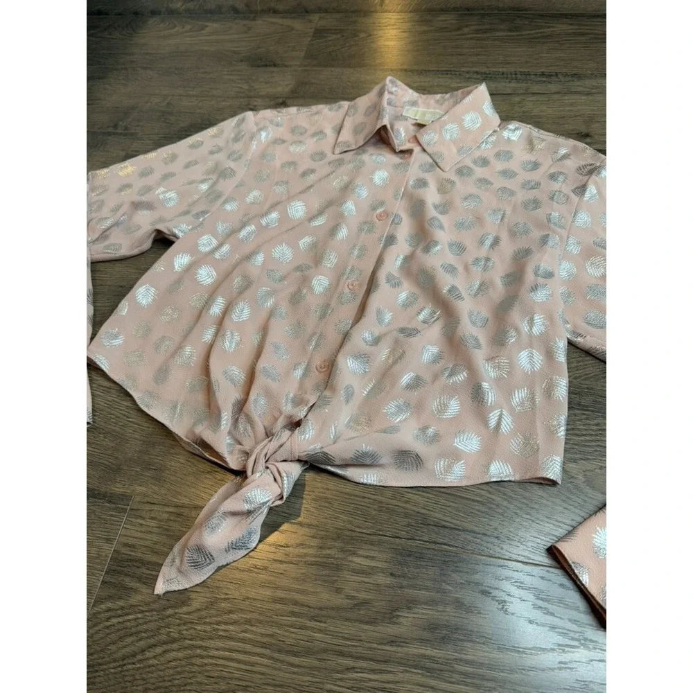 EUC Michael Kors Women's Pink Floral Print Cuff Sleeve Button-Up Top TIE Size XS